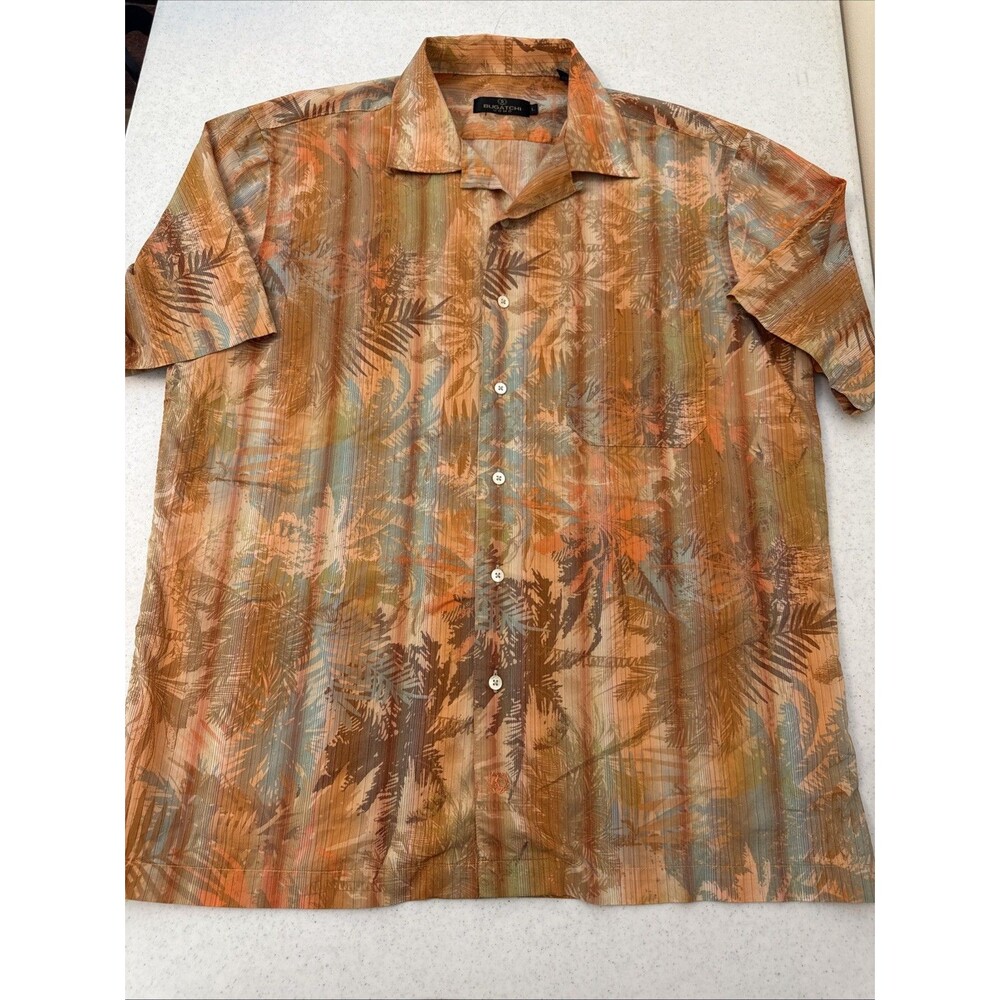 Bugatchi Men Button Up Shirt Orange Floral Hawaiian Shaped Fit Short Sleeve Lg